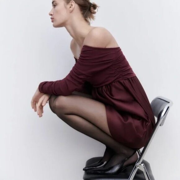 NWOT ZARA COMBINATION KNIT MINI DRESS RUCHED SLEEVE BLOGGERS FAV - Picture 7 of 12